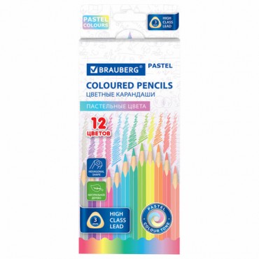 Карандаши цветные BRAUBERG PASTEL, 12 пастельных цветов, трехгранные, грифель 3 мм, натуральное дере