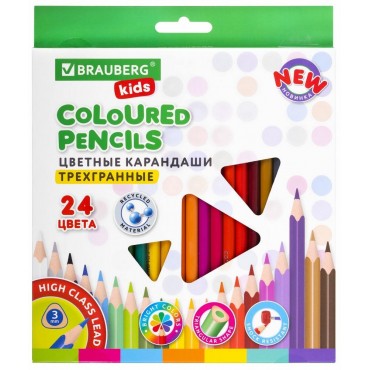 Карандаши цветные BRAUBERG KIDS NEW, 24 цвета, трехгранные, грифель 3 мм