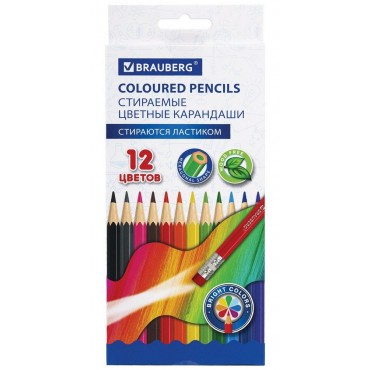 Карандаши цветные стираемые с ластиком BRAUBERG, 12 цветов, шестигранные