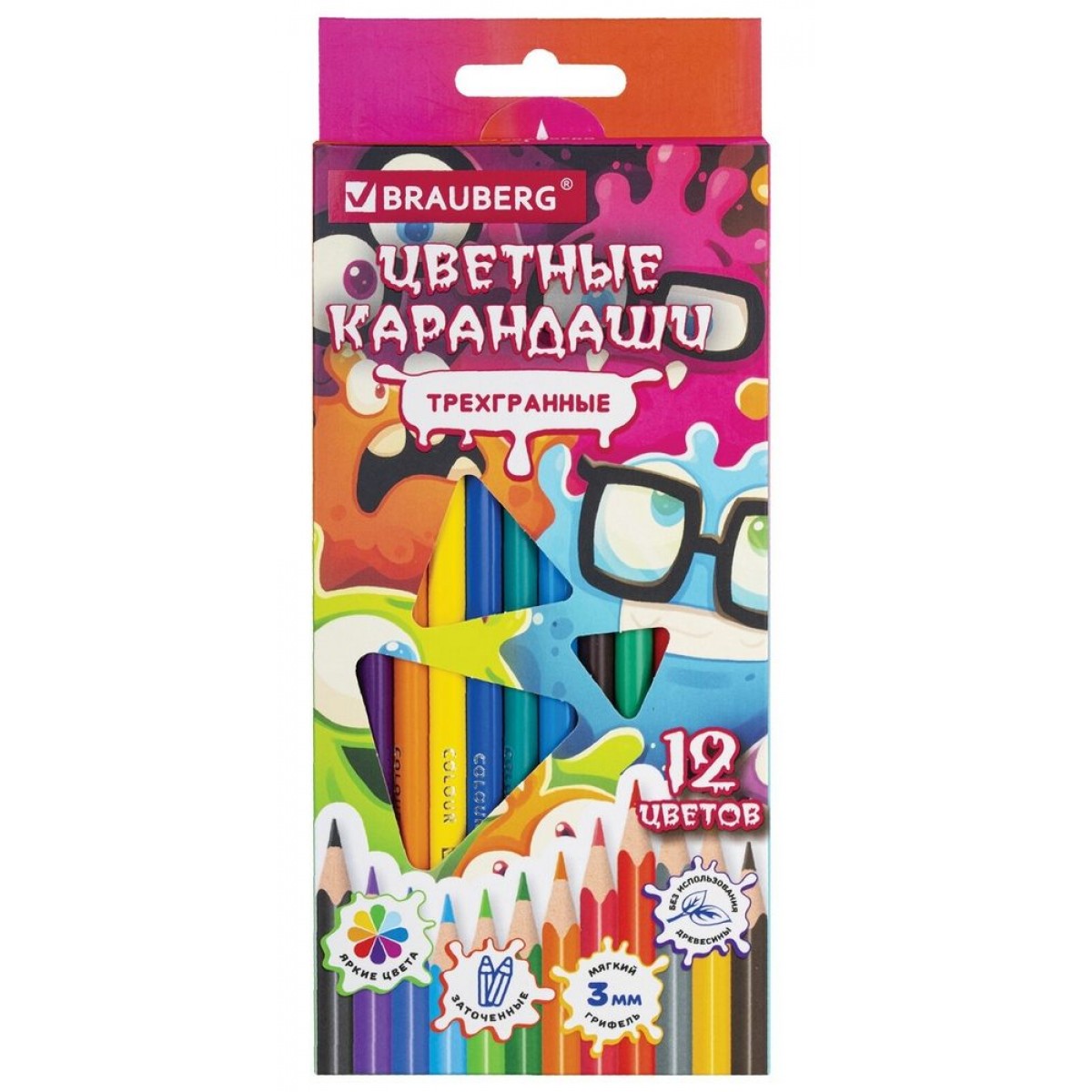 Карандаши цветные пластиковые кросс-серия МОНСТРИКИ, 12 цветов, трехгранные, BRAUBERG