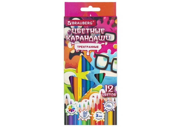 Карандаши цветные пластиковые кросс-серия МОНСТРИКИ, 12 цветов, трехгранные, BRAUBERG