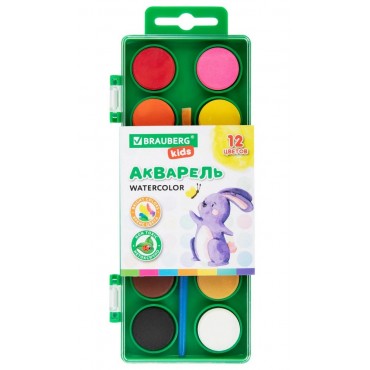 Краски акварельные BRAUBERG KIDS, 12 ярких цветов, круглые кюветы, пластиковый пенал