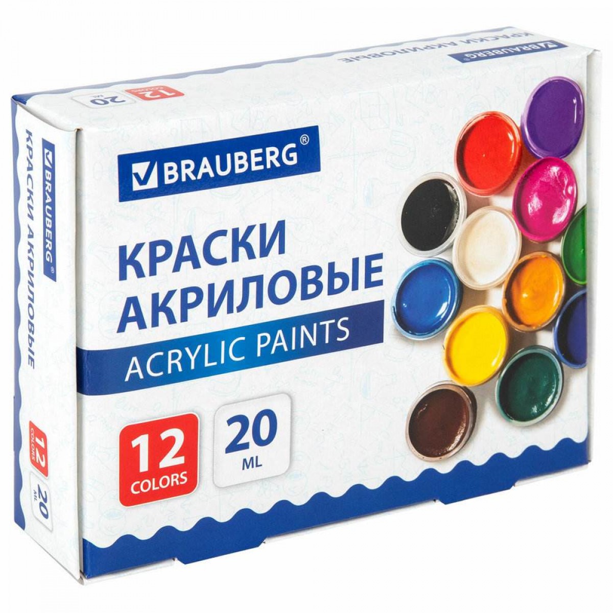 Краски акриловые для рисования и творчества 12 цветов по 20 мл, BRAUBERG,