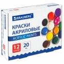 Краски акриловые для рисования и творчества 12 цветов по 20 мл, BRAUBERG,