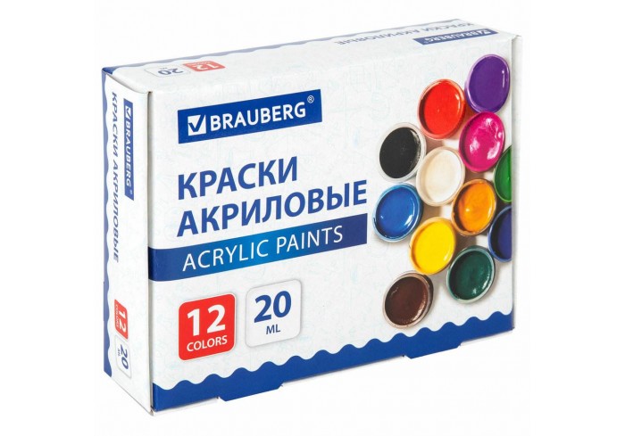 Краски акриловые для рисования и творчества 12 цветов по 20 мл, BRAUBERG,
