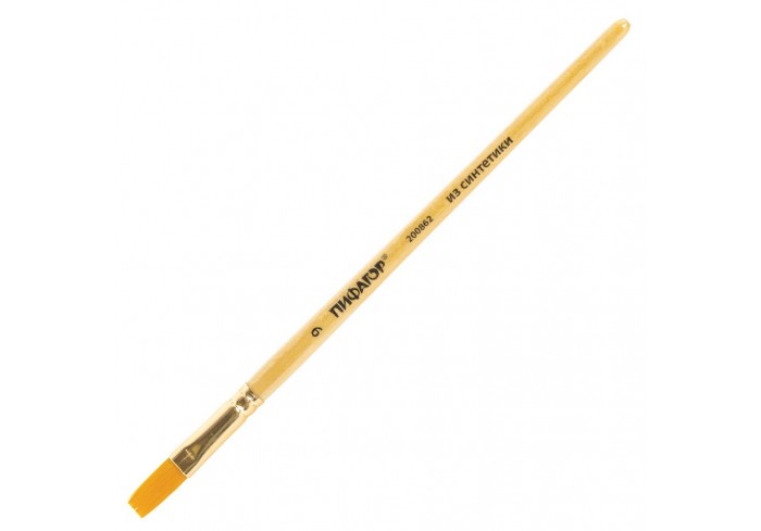 Кисть ПИФАГОР, СИНТЕТИКА, плоская, № 9, деревянная лакированная ручка, с колпачком, пакет с подвесом