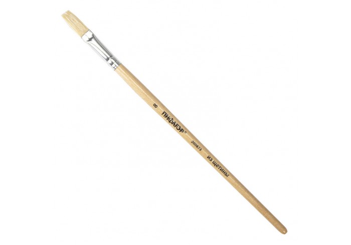 Кисть ПИФАГОР, ЩЕТИНА, плоская, № 8, деревянная лакированная ручка, пакет с подвесом,