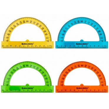 Транспортир 12 см, 180 градусов, BRAUBERG, прозрачный, неоновый, ассорти,