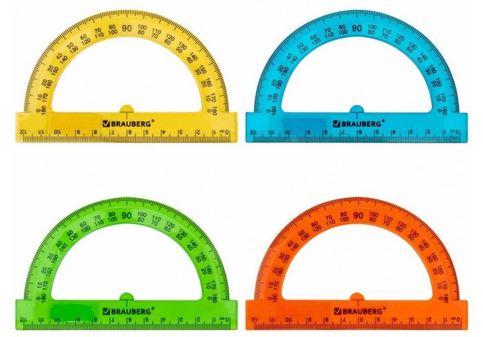 Транспортир 12 см, 180 градусов, BRAUBERG, прозрачный, неоновый, ассорти,