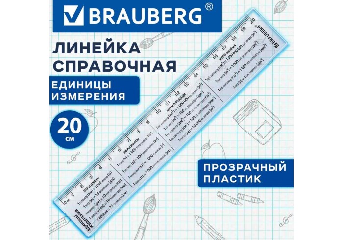 Линейка пластиковая 20 см BRAUBERG, справочная, единицы измерения,