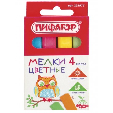 Мел цветной квадратный 4 штуки, ПИФАГОР, картонная упаковка, европодвес,