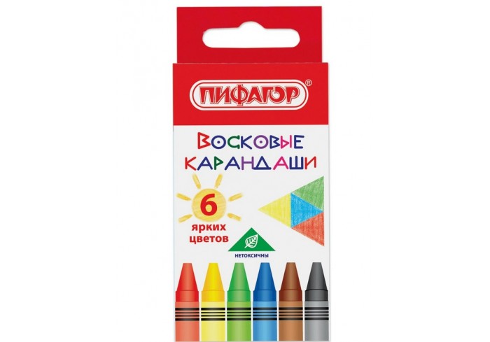 Восковые карандаши ПИФАГОР, СОЛНЫШКО, НАБОР 6 цв.