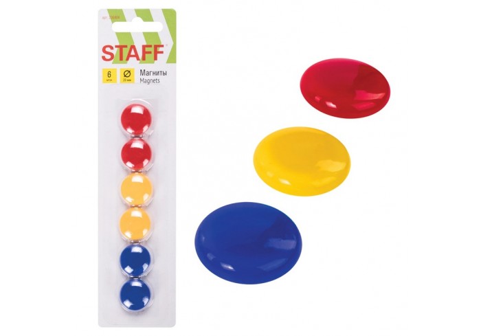 Магниты МАЛОГО ДИАМЕТРА, 20 мм, КОМПЛЕКТ 6 штук, цвет АССОРТИ, в блистере, STAFF 