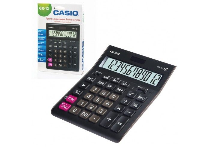 Калькулятор настольный CASIO GR-12-W (209х155 мм), 12 разрядов, двойное питание, черный, европодвес,
