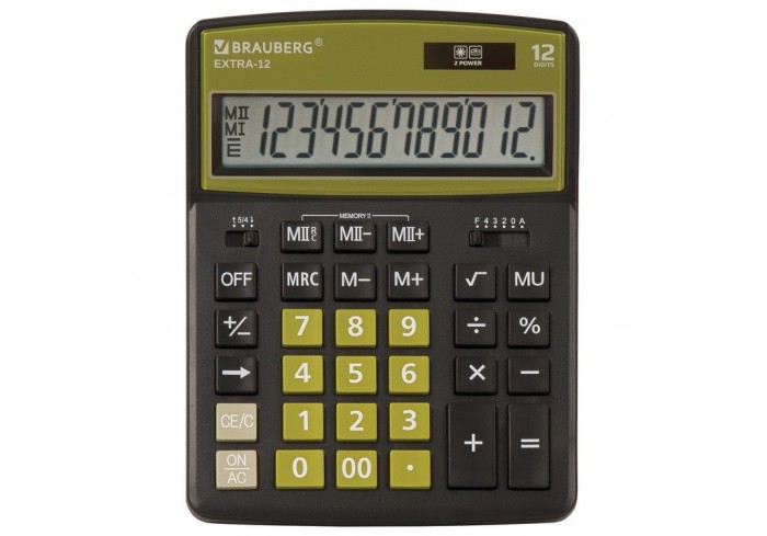 Калькулятор настольный BRAUBERG EXTRA-12-BKOL (206x155 мм), 12 разрядов, двойное питание, ЧЕРНО-ОЛИВ