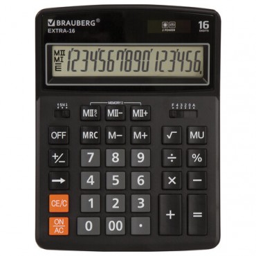Калькулятор настольный BRAUBERG EXTRA-16-BK (206x155 мм), 16 разрядов, двойное питание, ЧЕРНЫЙ,