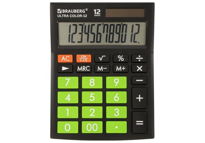 Калькулятор настол. BRAUBERG ULTRA COLOR-12-BKLG (192x143 мм), 12разр, двойное питание, ЧЕРНО-САЛАТ
