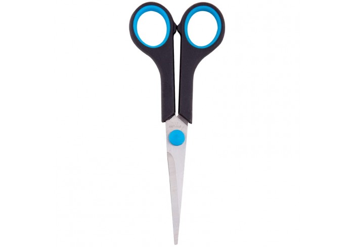 Ножницы OfficeSpace 16см, черные с синими вставками, ПВХ чехол с европодвесом