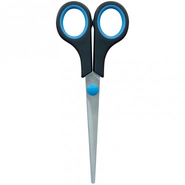 Ножницы OfficeSpace 17,1см, черные с синими вставками, ПВХ чехол с европодвесом