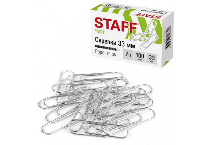 Скрепки STAFF, 33 мм, оцинкованные, 100 шт., в картонной коробке,