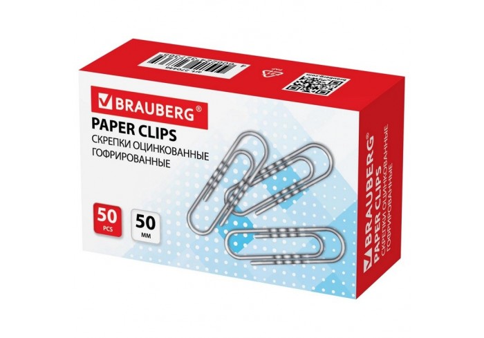 Скрепки большие 50 мм, BRAUBERG, оцинкованные, гофрированные, 50 шт., в картонной коробке