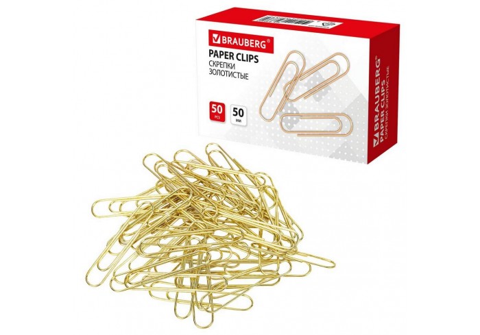 Скрепки большие 50 мм, BRAUBERG, золотистые, 50 шт., в картонной коробке,