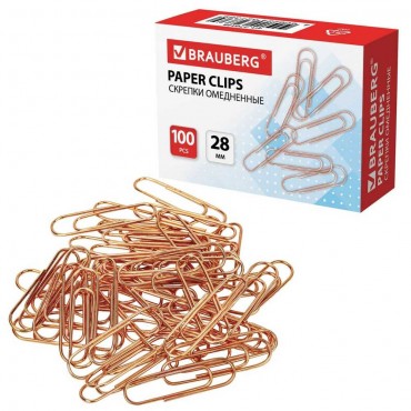 Скрепки BRAUBERG, 28 мм, омедненные, 100 шт., в картонной коробке,