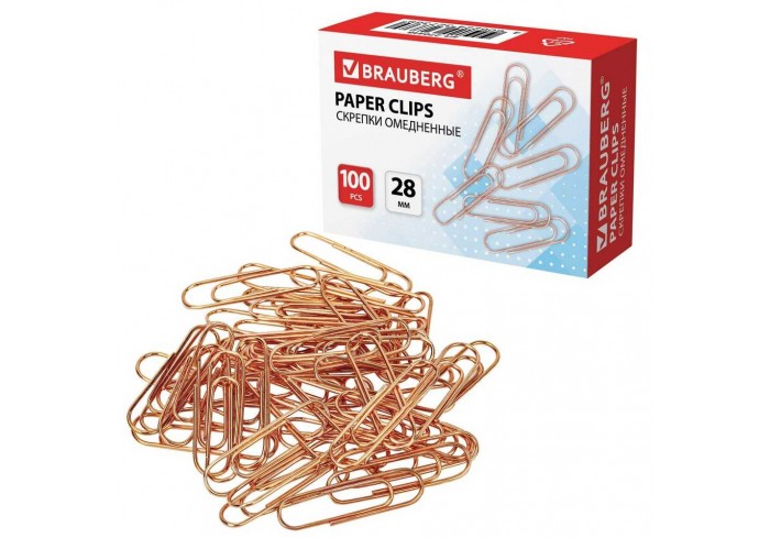 Скрепки BRAUBERG, 28 мм, омедненные, 100 шт., в картонной коробке,
