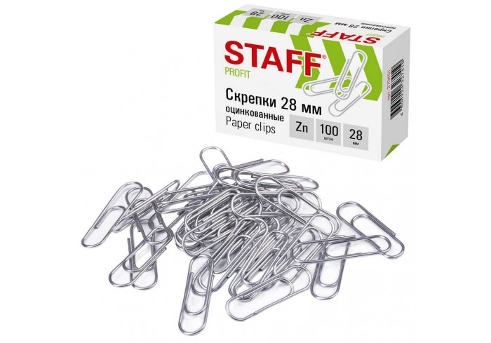 Скрепки STAFF, 28 мм, оцинкованные, 100 шт., в картонной коробке