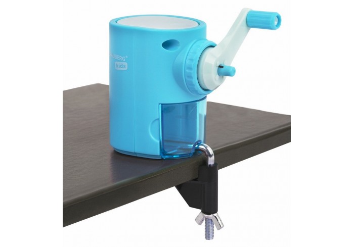 Точилка механическая BRAUBERG KIDS, для простых и цветных карандашей, корпус голубой, крепление к ст