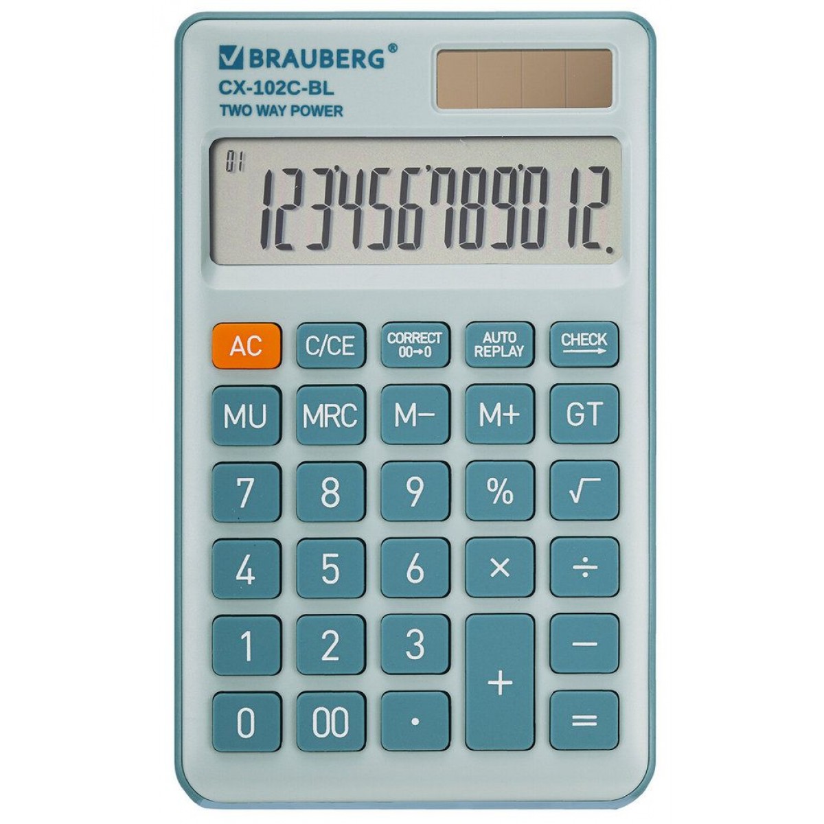 Калькулятор карманный BRAUBERG CX-102C-BL (76x126 мм), 12 разрядов, двойное питание, ГОЛУБОЙ,