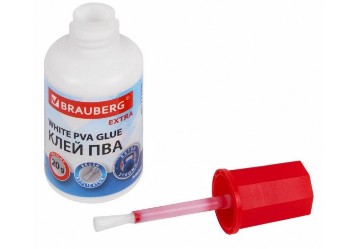 Клей ПВА УСИЛЕННЫЙ 20 г с кисточкой (бумага, фотографии, картон, дерево), BRAUBERG Extra