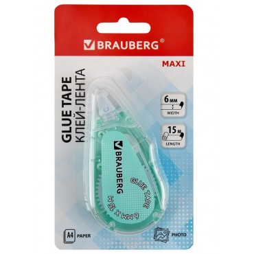 Клей-лента BRAUBERG MAXI, 6 мм х 15 м, корпус зеленый, блистер,