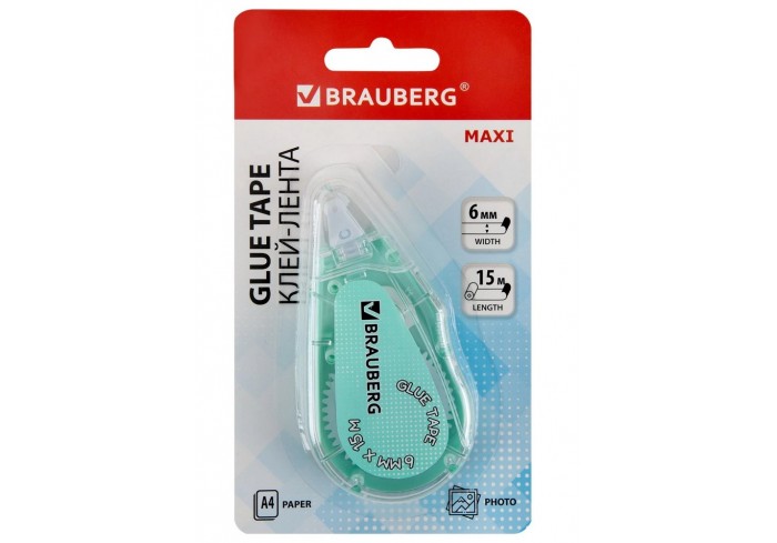 Клей-лента BRAUBERG MAXI, 6 мм х 15 м, корпус зеленый, блистер,