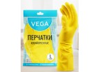 Перчатки резиновые хозяйственные Vega, многоразовые, хлопчатобумажное напыление, р. L, желтые