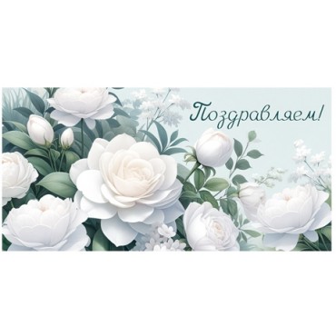 Конверт для денег ПОЗДРАВЛЯЕМ!,  (крупные белые цветы с зелеными листиками), 84*168мм, блестки