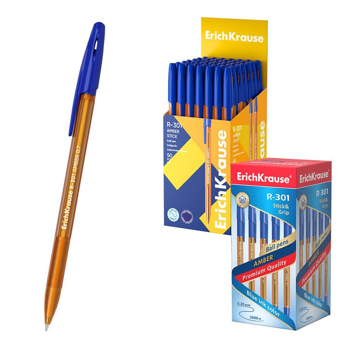 Ручка шарик.ErichKrause R-301 Stick Amber 0.7, линия 0,35,  полупрозрачный оранж.корпус, синяя