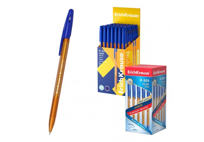 Ручка шарик.ErichKrause R-301 Stick Amber 0.7, линия 0,35,  полупрозрачный оранж.корпус, синяя