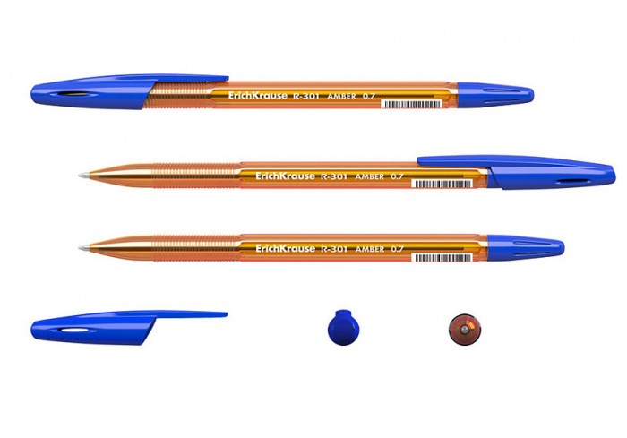 Ручка шарик.ErichKrause R-301 Stick Amber 0.7, линия 0,35,  полупрозрачный оранж.корпус, синяя