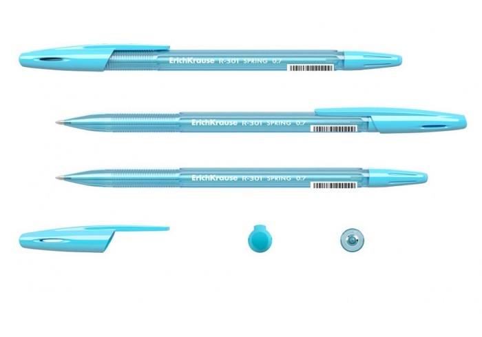 Ручка шарик.ErichKrause R-301 Stick Spring 0.7, линия 0,35, полупрозр.6-гран.корпус пастель цв,СИНЯЯ