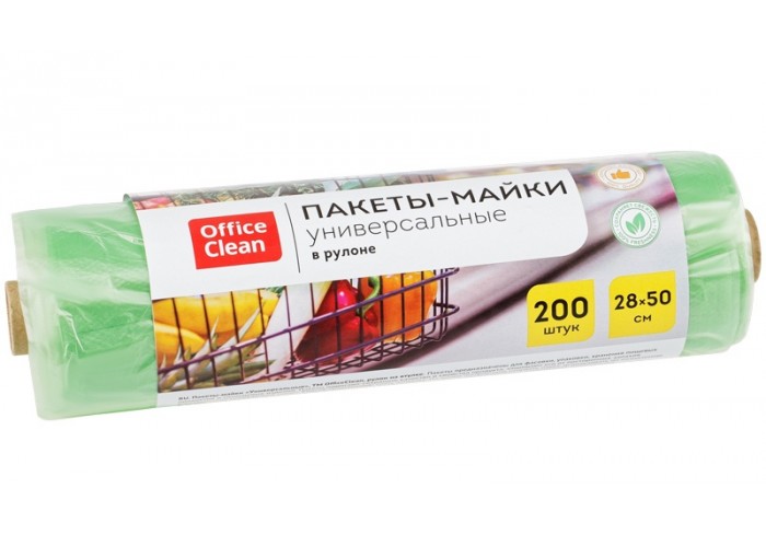 Пакет-майка OfficeClean, ПНД, 28+14*50см, 12мкм, рулон на втулке, 200шт., зеленый