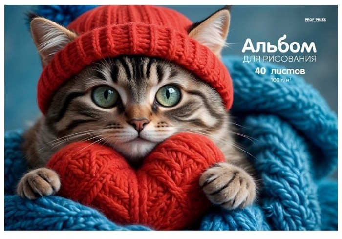 Альбом для рисования А4 40л. КОТ В ШАПКЕ на склейке, картон. обложка, офсет