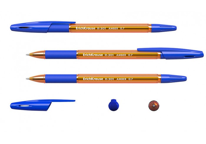 Ручка шар.с резин.хватом ErichKrause R-301 Stick Grip Amber 0.7, линия 0,35, полупрозр.оранж., СИНЯЯ