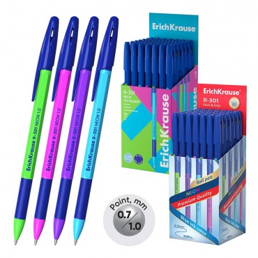 Ручка шар.с рез.хватом ErichKrause R-301 Stick Grip Neon 1.0, линия 0,5, непрозрач.  СИНЯЯ