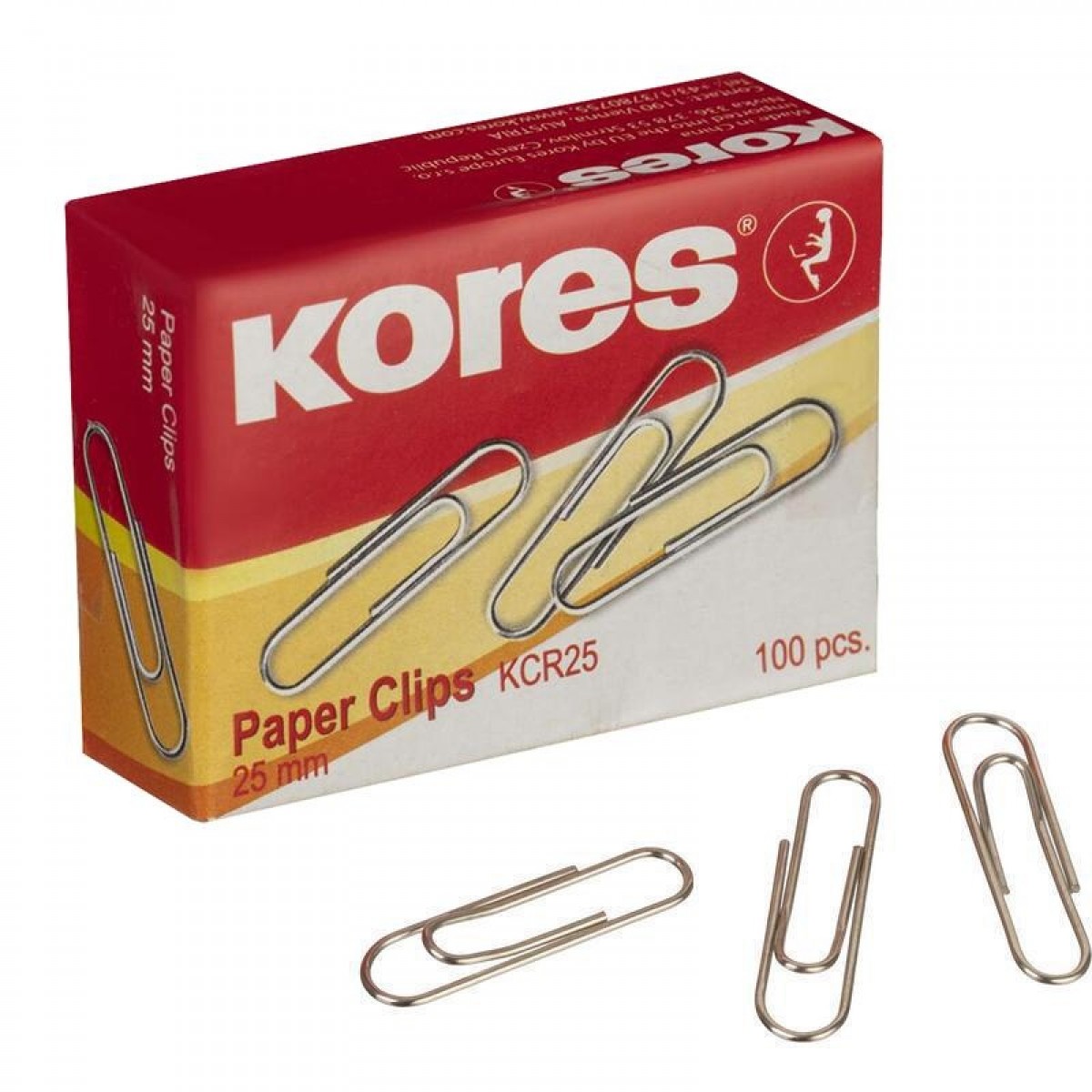 Скрепки KORES с отгибом, 25 мм, никелированне, 100 шт.в карт.уп
