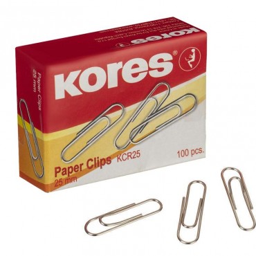 Скрепки KORES с отгибом, 25 мм, никелированне, 100 шт.в карт.уп