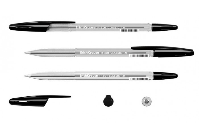 Ручка шарик.ErichKrause R-301 Stick Classic 1.0, цвет, линия 0,5, прозрач.шестигранная, ЧЕРНАЯ