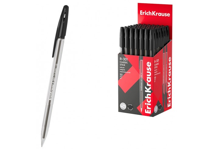 Ручка шарик.ErichKrause R-301 Stick Classic 1.0, цвет, линия 0,5, прозрач.шестигранная, ЧЕРНАЯ