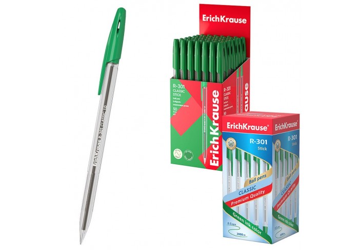 Ручка шариковая ErichKrause R-301 Stick Classic 1.0, линия 0,5, прозрач.шестигранный корпус, ЗЕЛЕНАЯ