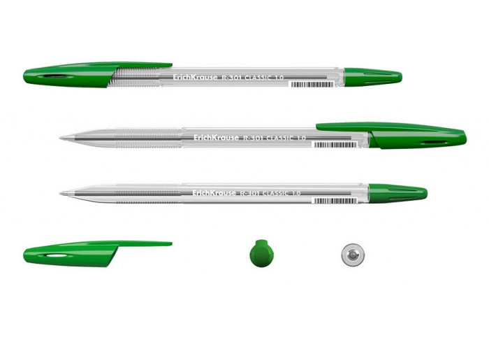 Ручка шариковая ErichKrause R-301 Stick Classic 1.0, линия 0,5, прозрач.шестигранный корпус, ЗЕЛЕНАЯ